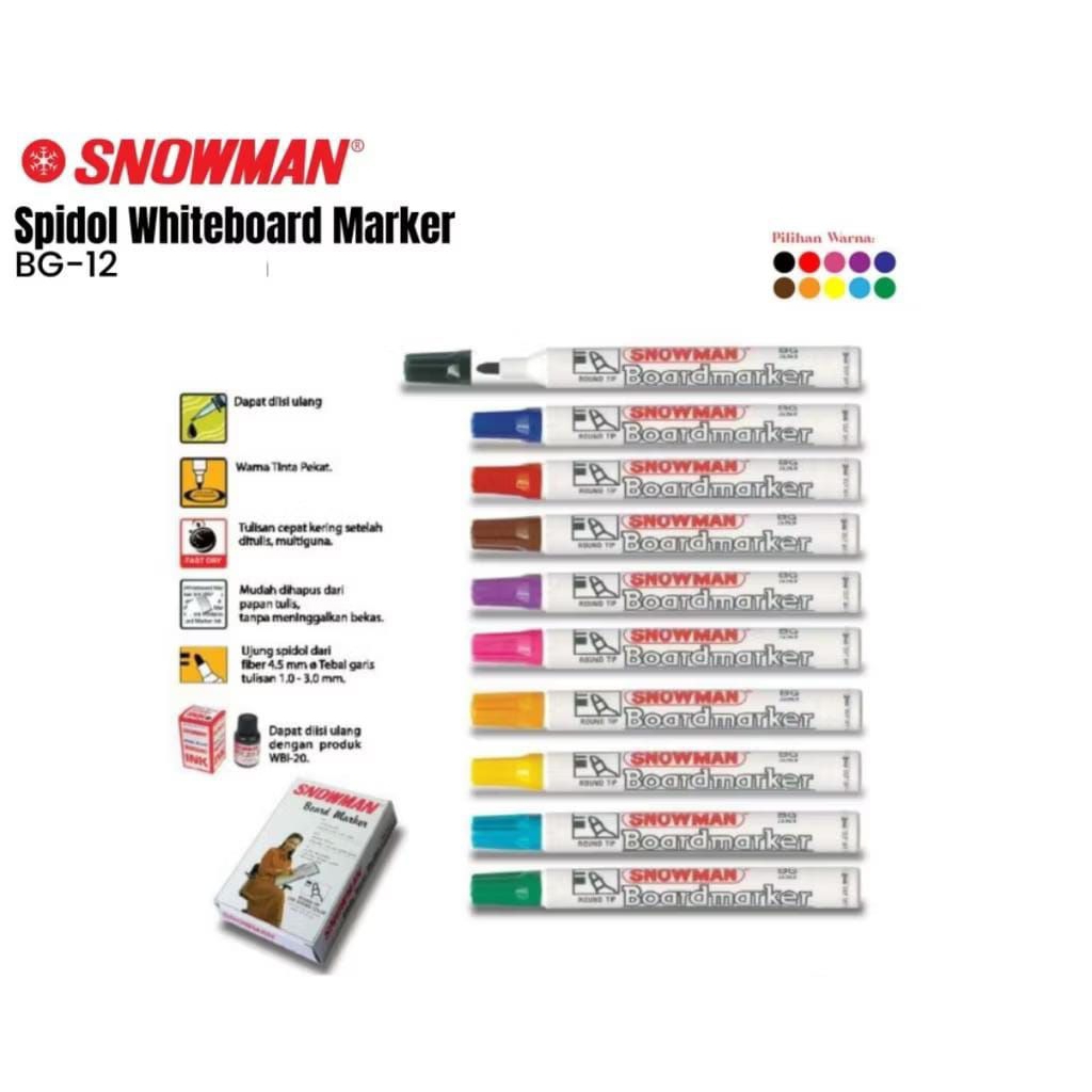 

Spidol Whiteboard Marker Snowman BG-12 Warna Pilihan