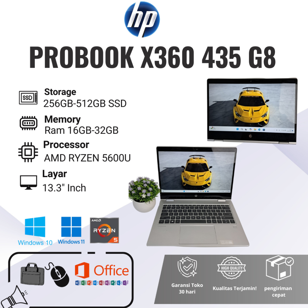 LAPTOP HP PROBOOK X360 435 G8 AMD RYZEN 5 5600U 16GB SSD 256GB 2 IN 1 LAYAR 13.3'' INCH TOUCHSCREEN 
