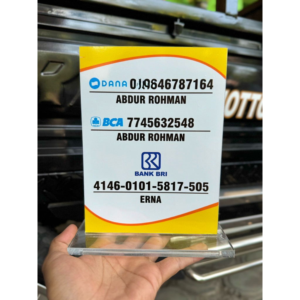 

BISA CUSTOM EDIT RUBAH REKENING / E-WALLET AKRILIK MEJA UKURAN 15x20cm BAHAN SUPER TEBAL