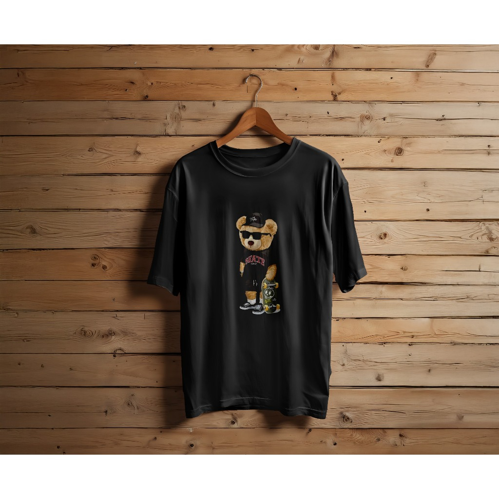 Cod Kaos Compton dengan Stiker Kucing Beruang Baju Hitam Anime One Piece Kaos Anime Lengan Pendek Ka