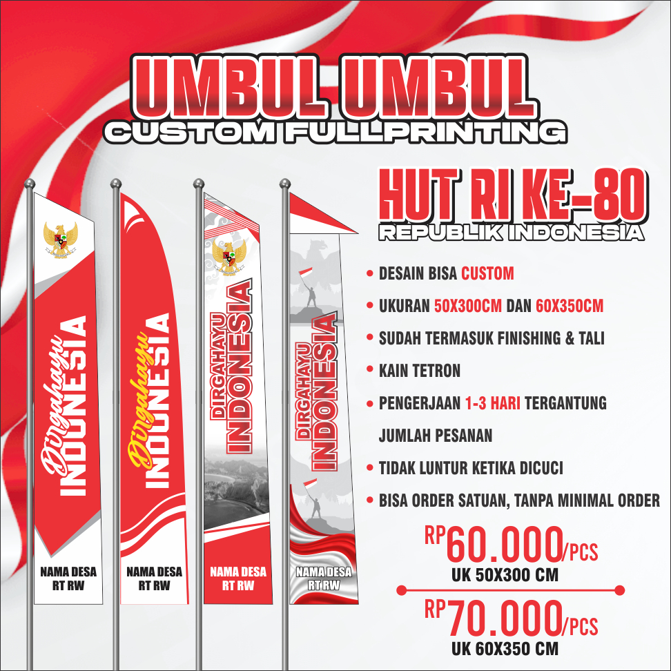 CETAK PRINT UMBUL UMBUL MERAH PUTIH AGUSTUSAN CUSTOM UKURAN STANDART HUT RI SPANDUK JALAN