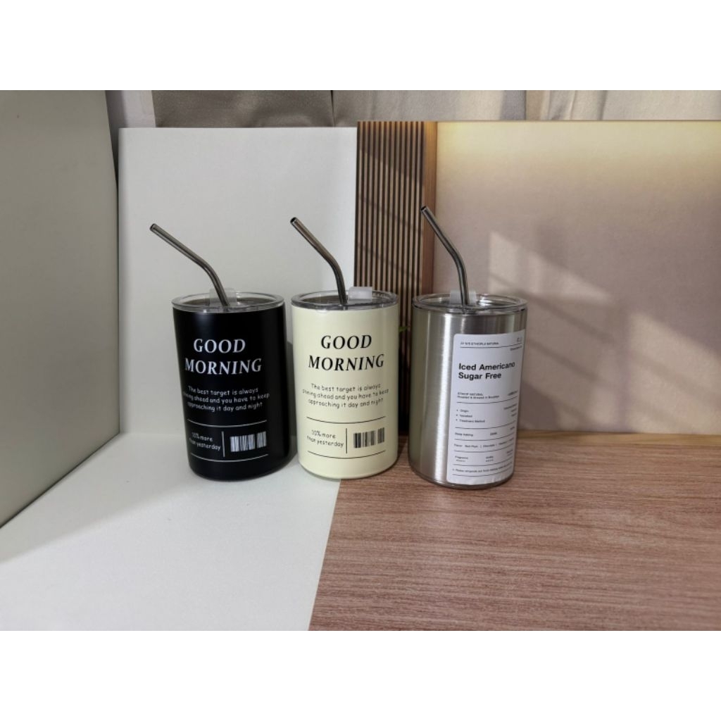 Tumbler Stainless Estetik + Sedotan – GOOD MORNING Series (Premium Look)