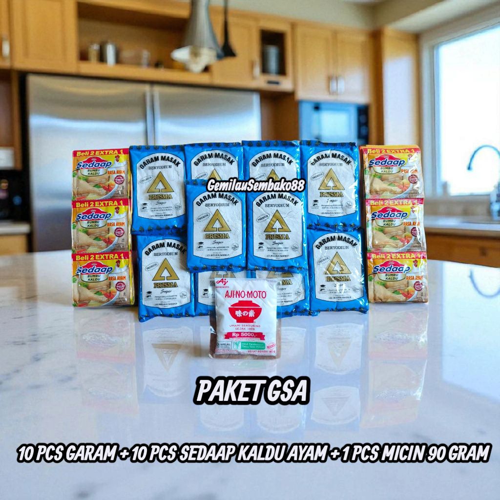 

PAKET BUMBU HEMAT 16 RIBUAN 10 PCS GARAM KEMASAN 100 GRAM + 10 PCS SEDAP KALDU 9 GRAM + 1 PCS AJINOMOTO MICIN 90 GRAM / GARAM / GAREM / BUMBU DAPUR