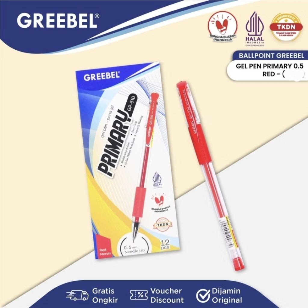 

GREEBEL GEL PEN GP-510 RED PRIMARY 0.5 / Ballpoin / Pulpen Gel Greebel (1 pack 12 pcs)