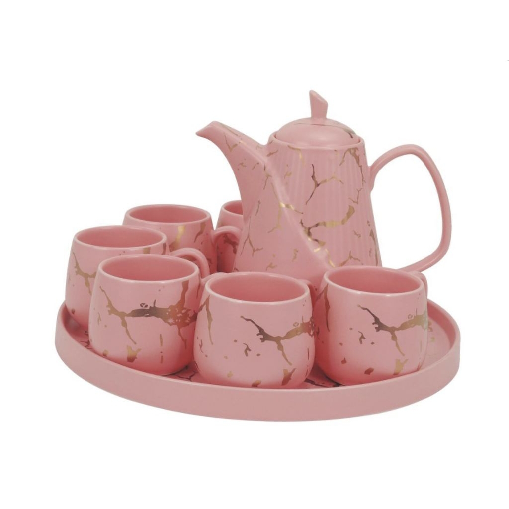 Teko dan set Cangkir TM89 Livia PINK Marmer, perlengkapan minum teh VICENZA, dilengkapi teko dengan 
