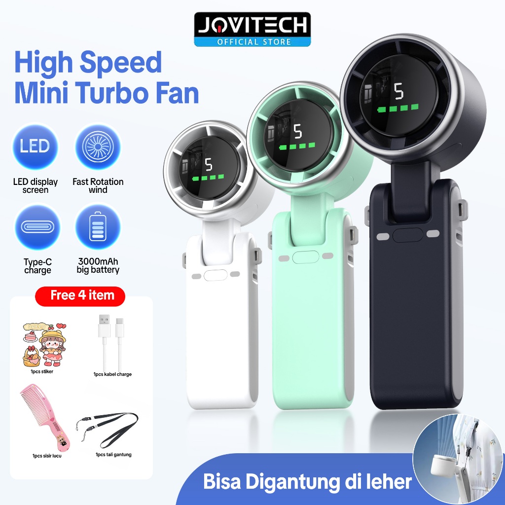 Jocitech FN53 Mini Fan Portable High-Speed 5 Gear Foldable LED Digital Display Turbo Fan Kipas Ac mi