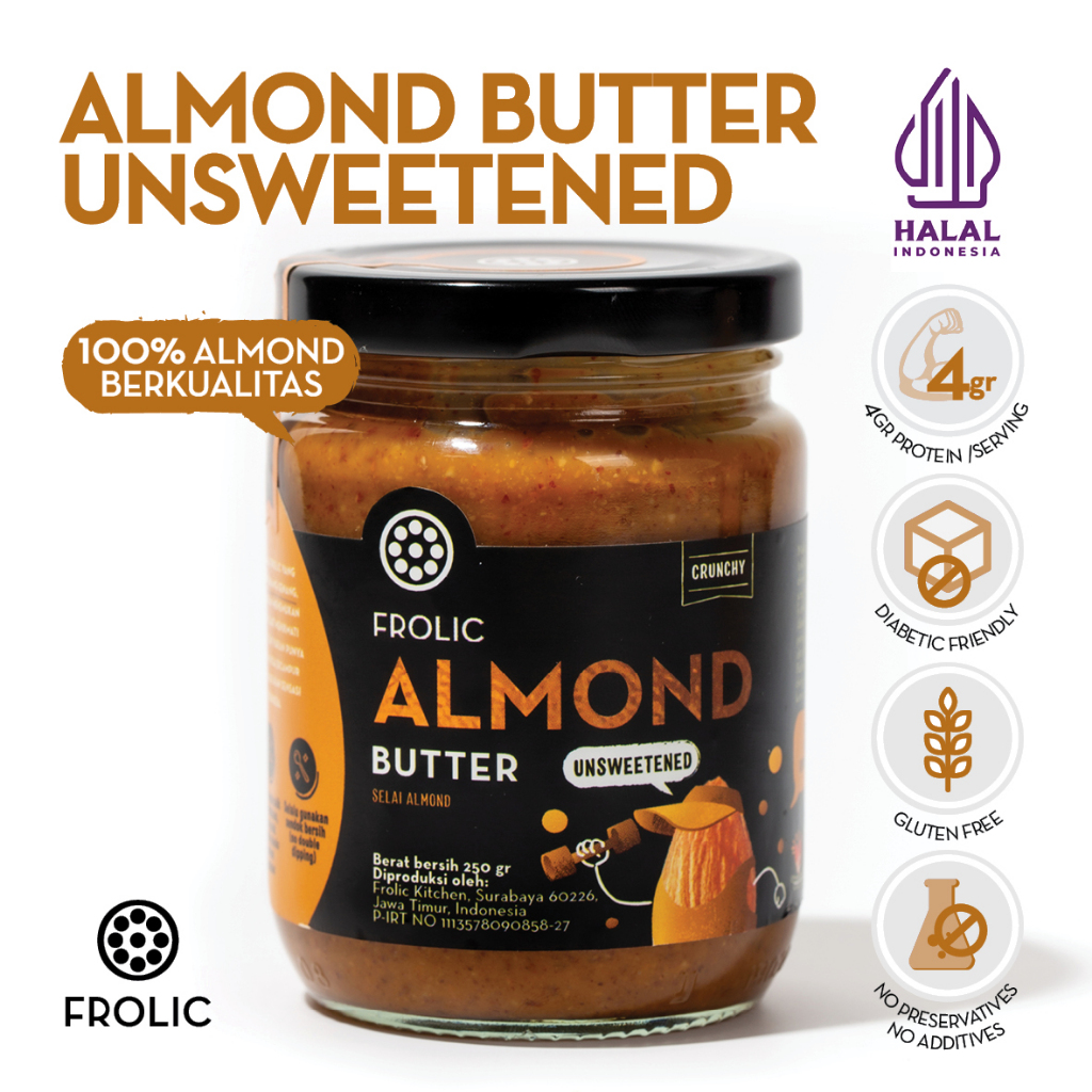 

FROLIC Almond Butter Unsweetened - Selai Almond (Vegan & Keto-friendly)