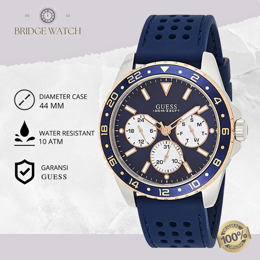 Jam Tangan Pria Guess Odyssey W1108G4 Original Chronograph Analog Sporty Day Date Rubber Blue Strap 