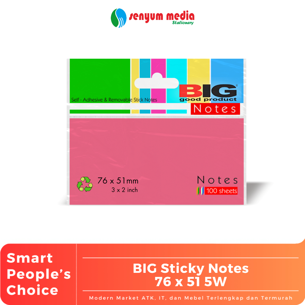 

BIG - Sticky Notes/Kertas Catatan 76 x 51 mm 5 Warna | Kertas Catatan Tempel ( 1 Pcs Isi 100 Lembar ) (S:PCS)