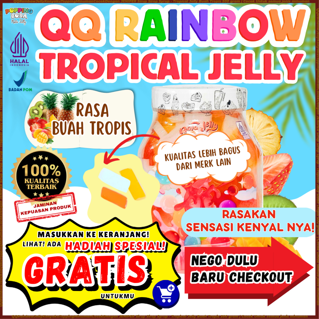

QQRainbowJellyKonyakuToppingMinumanCocokDengan JENIPER Sirup Sirop Syrup - Tropical Jelly Buah Tropis 500 Gram | Cocok Untuk Semua Jenis Minuman