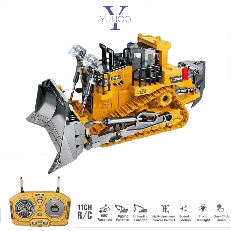 YUHOO Remote Control Bulldozer Crawler Kendaraan 9 Channel Dozer Front Loader Mainan Cahaya Suara