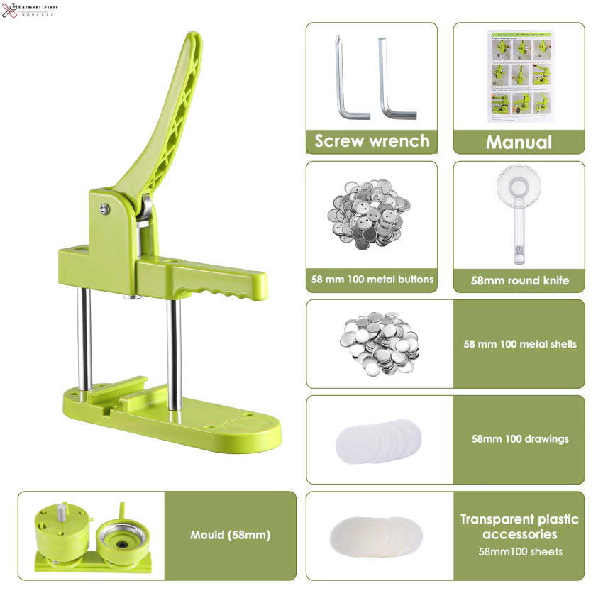 

Stock siap + COD 58mm mesin pembuat tanda lencana, 58mm (2.25in) mesin pembuat Pin lencana DIY Kit dengan pecahan logam /Pic/ lingkaran Cutter 58mm Button Badge Maker Machine DIY Badge Pin Maker Machine Kit with 100pcs Metal Badge Parts/Pic/Circle Cutter
