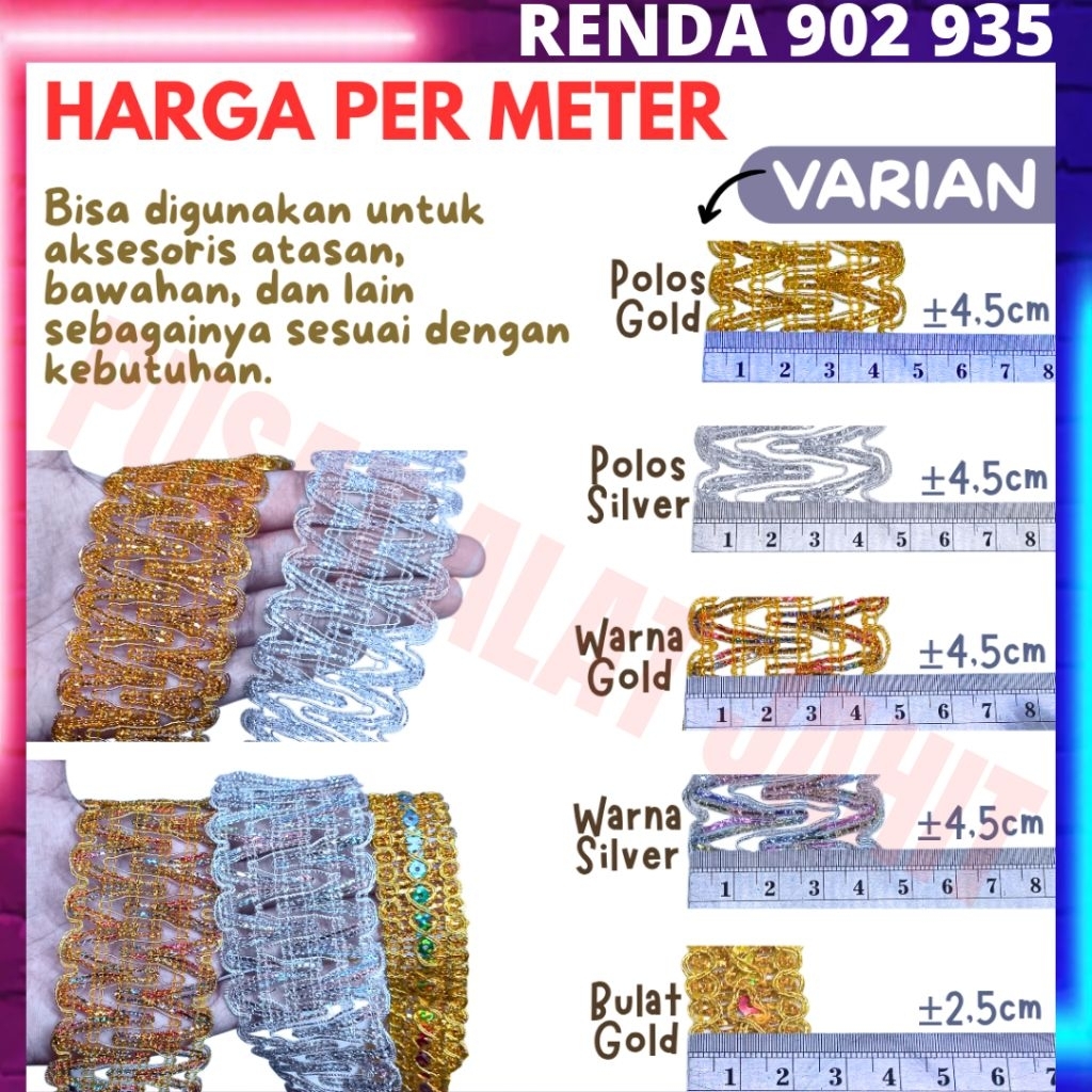 Renda india gold emas perak silver polos warna warni pelangi bulat motif bentuk ular adat india meli