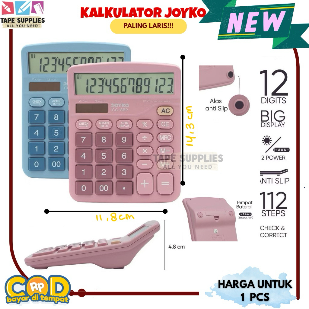 

Kalkulator JOYKO CC-8BP (LEBIH HEMAT BATERAI) 12 Digits Check & Correct