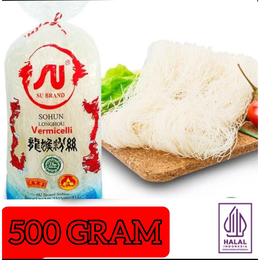 

500 gram . soun /sohun su brand cap naga longhu / vermicelli label. halal