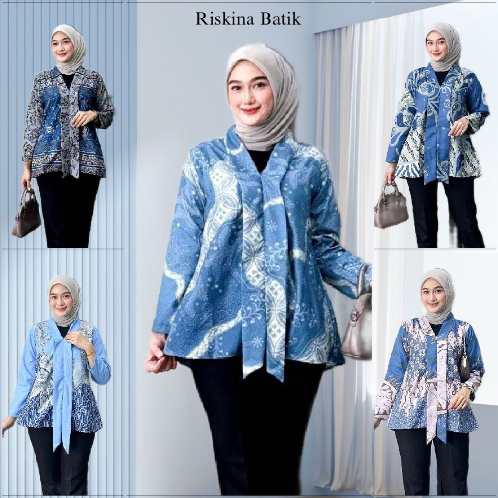 RISKINA BATIK (Blue Edition Part 2) | Atasan Batik Wanita Kekinian Murah Lengan Panjang Bahan Adem -