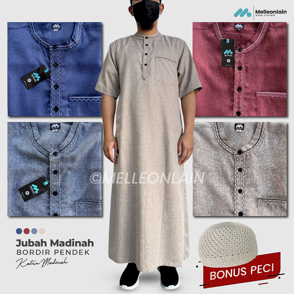 Gamis Pria Jubah Madinah Bordir Lengan Pendek Katun Kerah Shanghai Casual Melleonlain