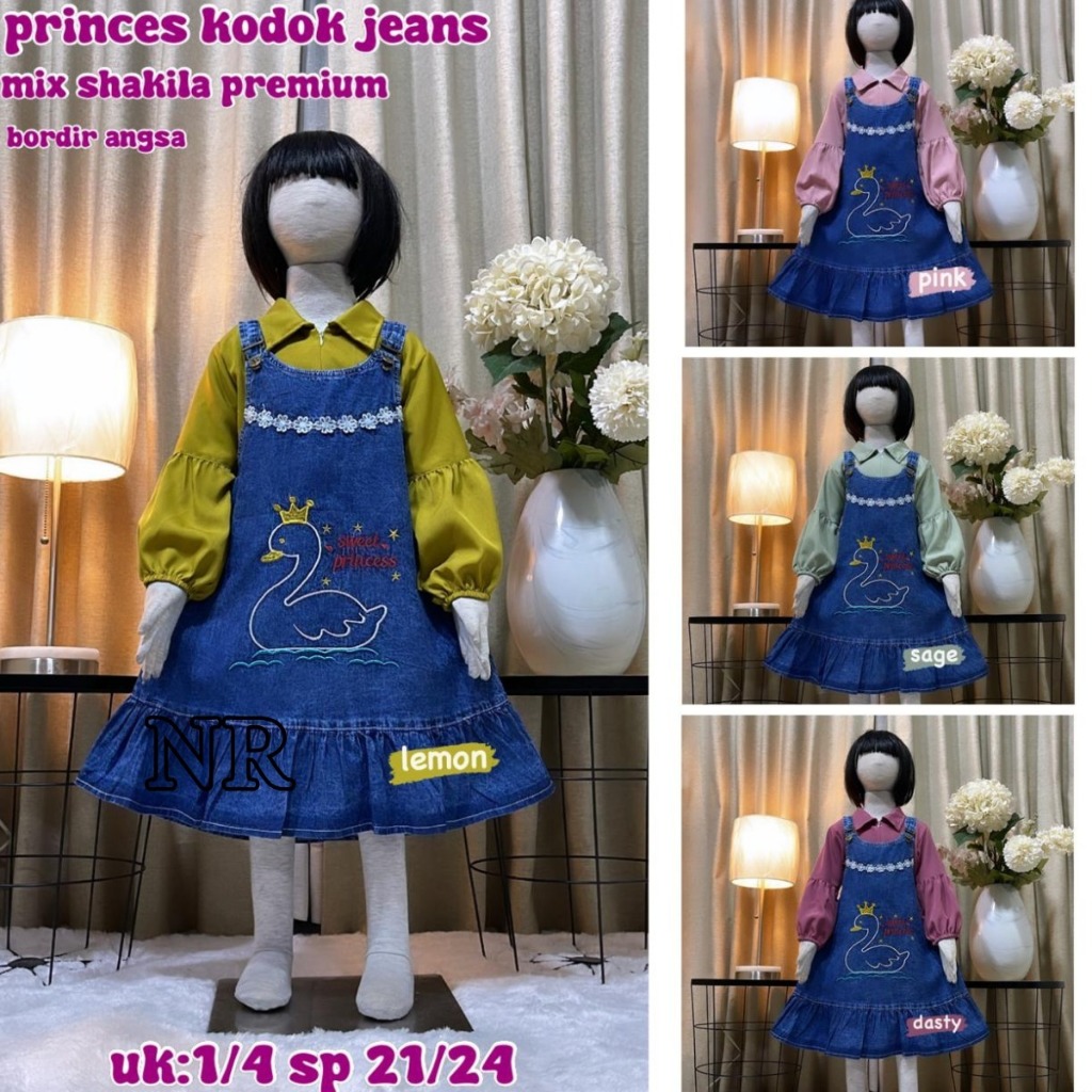 Dress 2IN1 Anak Perempuan Model Overall Jeans Mix Shakila Premium Bordir Angsa Umur 3-10 Tahun
