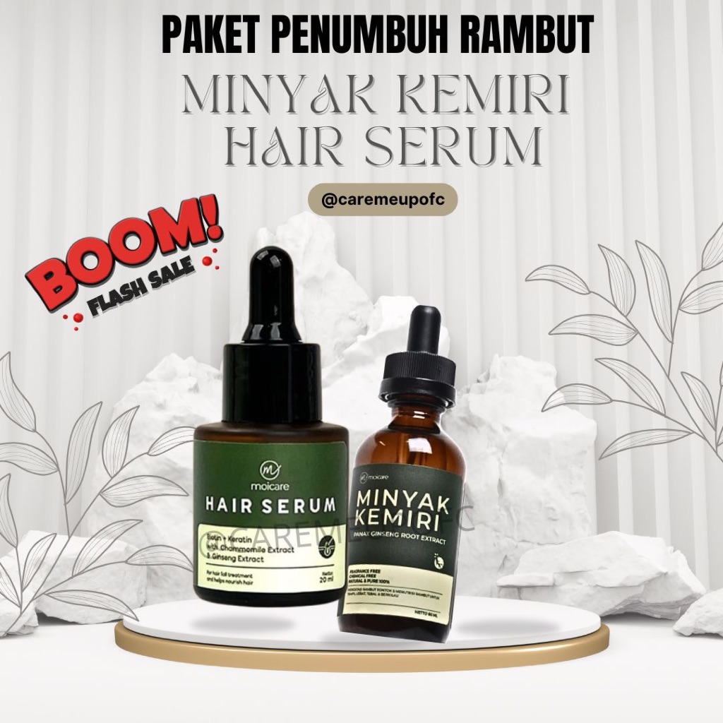MOICARE 2 PCS PAKET Hair Serum & Minyak Kemiri Penumbuh Pelebat Rambut Hitam | Paket hair growth | P