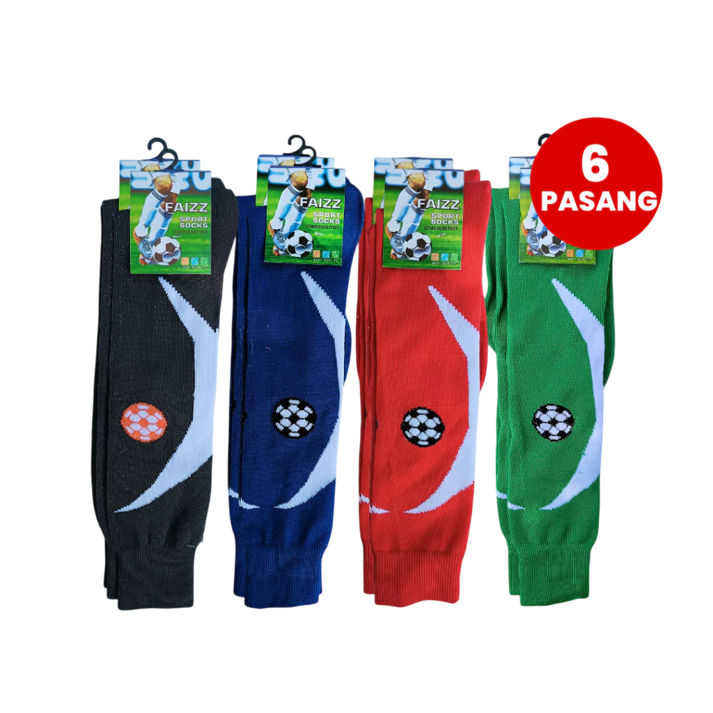 6 Pcs Kaos Kaki Sepak Bola Futsal Tebal Panjang Warna Biru, Hitam, Hijau, Merah | Motif Tanduk Bola