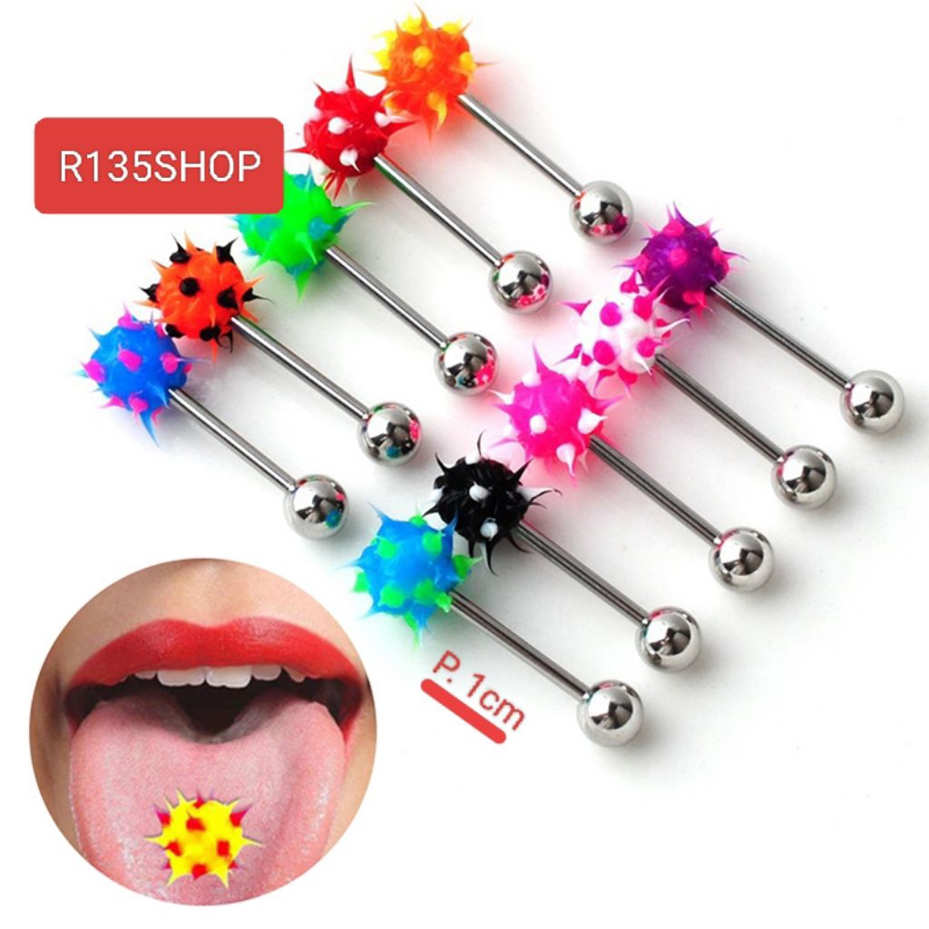 R135 Anting Barbel Kecil Piercing Pria Wanita Bahan Titanium Kepala Karet Rubber Full Warna Lidah Bi