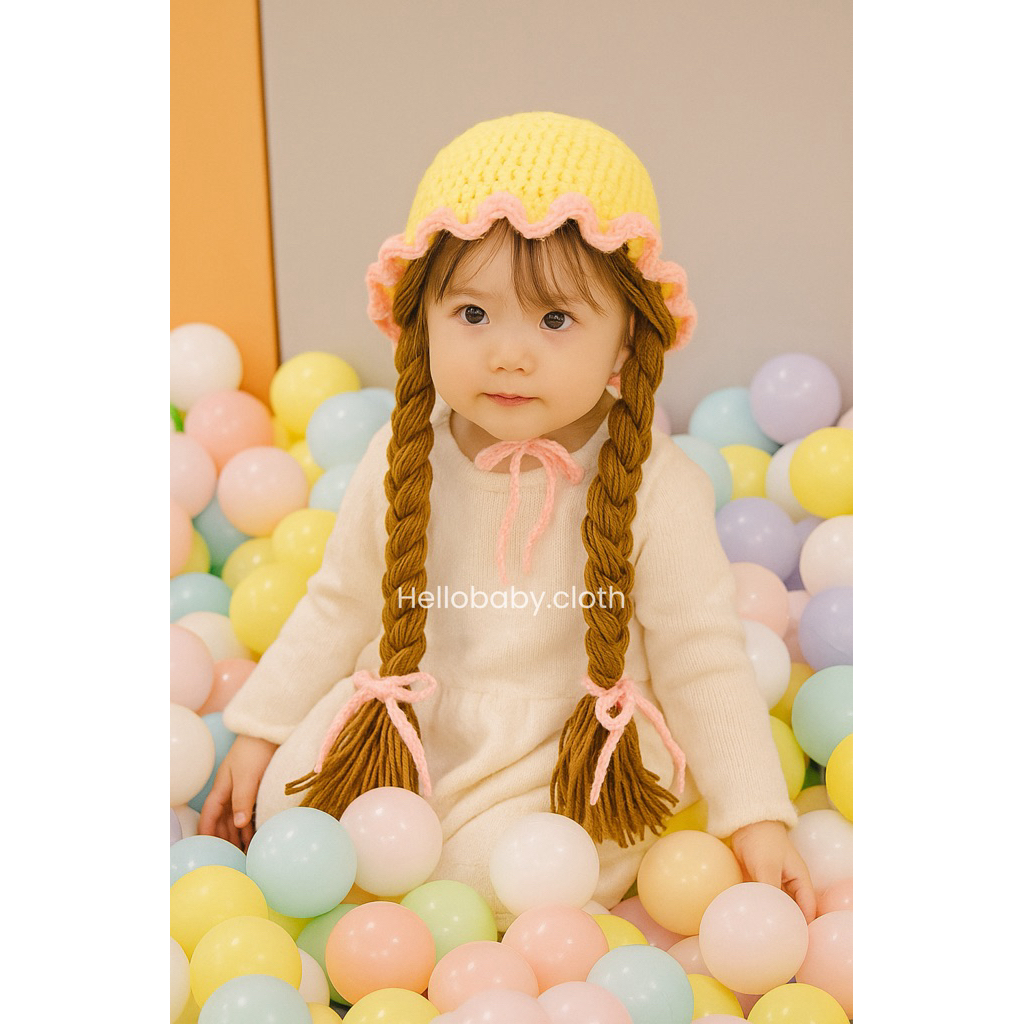 Topi Rajut Bayi Rambut palsu/Topi Bayi Perempuan WARNA KUNING PINK