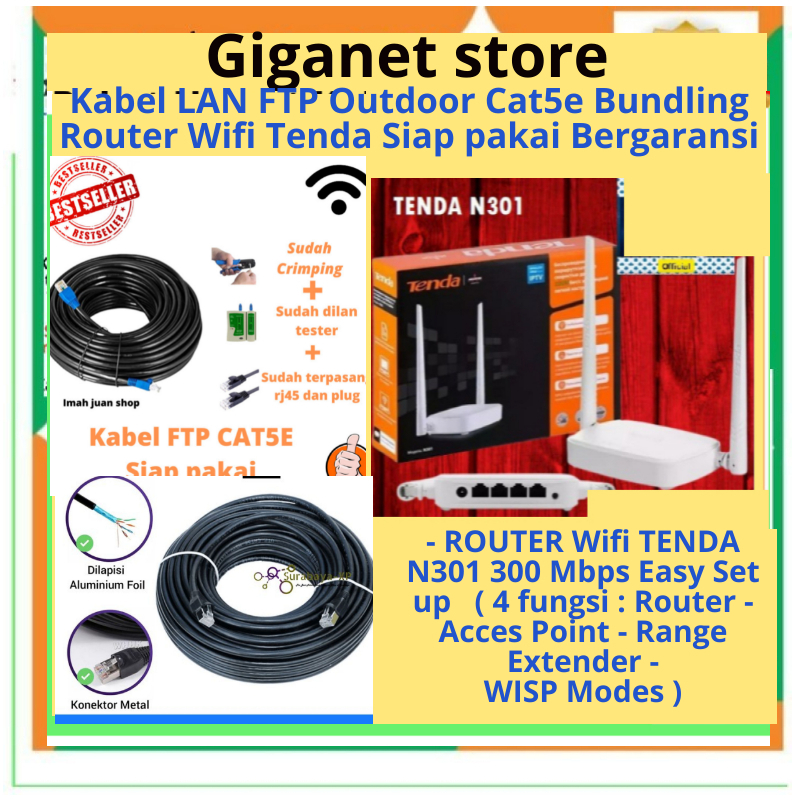 Kabel LAN FTP Outdoor Cat5e Router Wifi 10m 15m 20m 25m 30m 35m 40m Bundling Router TENDA N301 300Mb