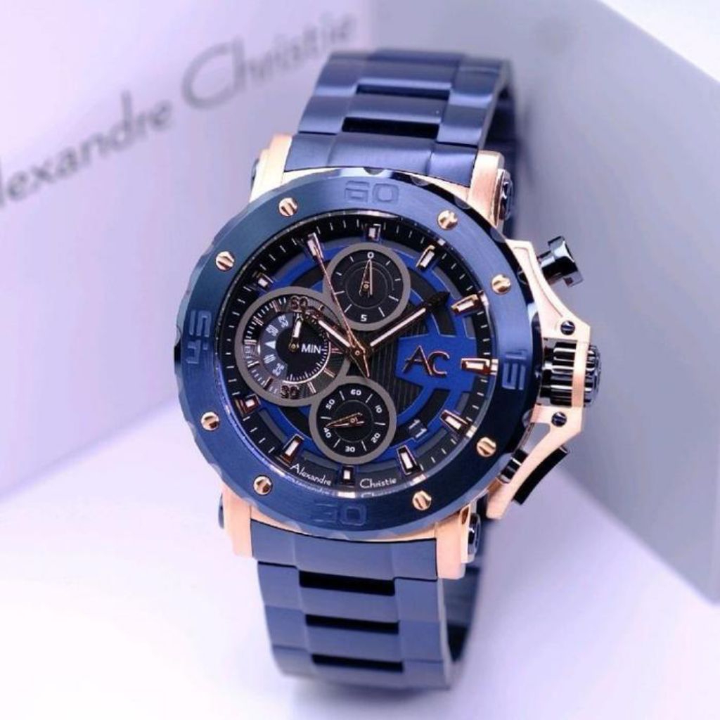 JAM TANGAN PRIA ALEXANDRE CHRISTIE AC 9205 AC9205 ROSEGOLD BLUE ORIGINAL