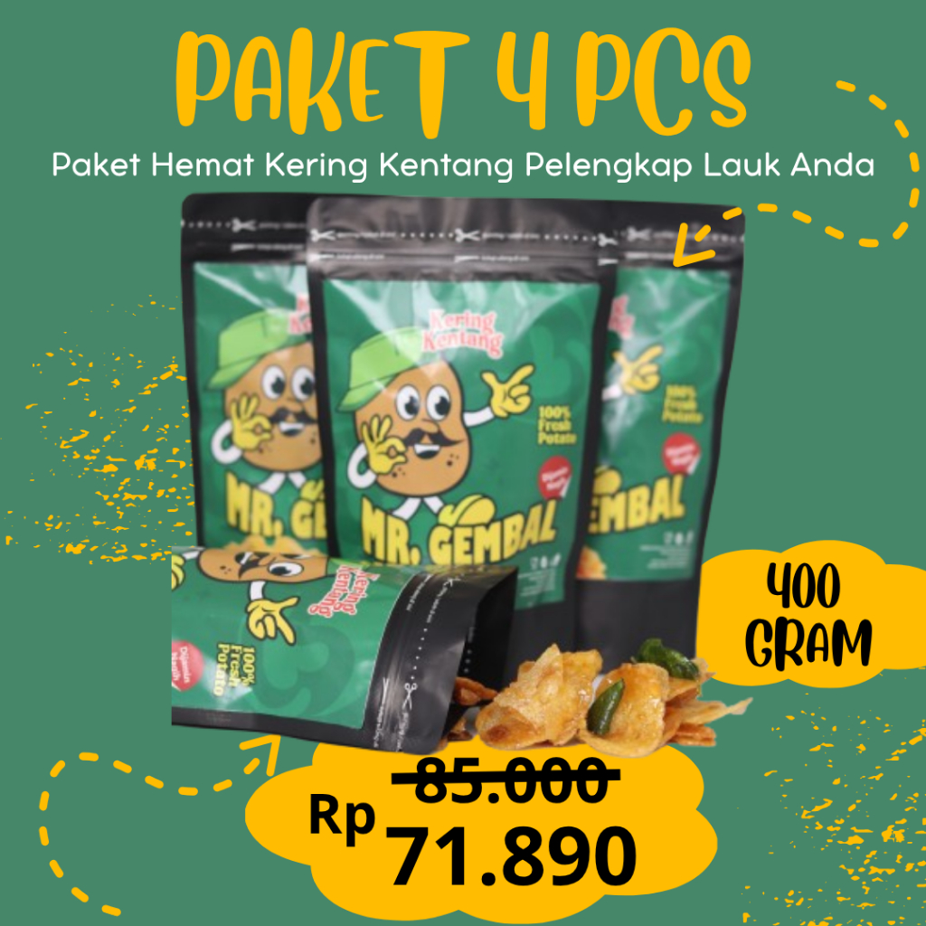 

Mr. Gembal PAKET HEMAT 4 Pcs Kering Kentang Enak Dijamin Renyah dan Gurih Pisan Berat 400 gr