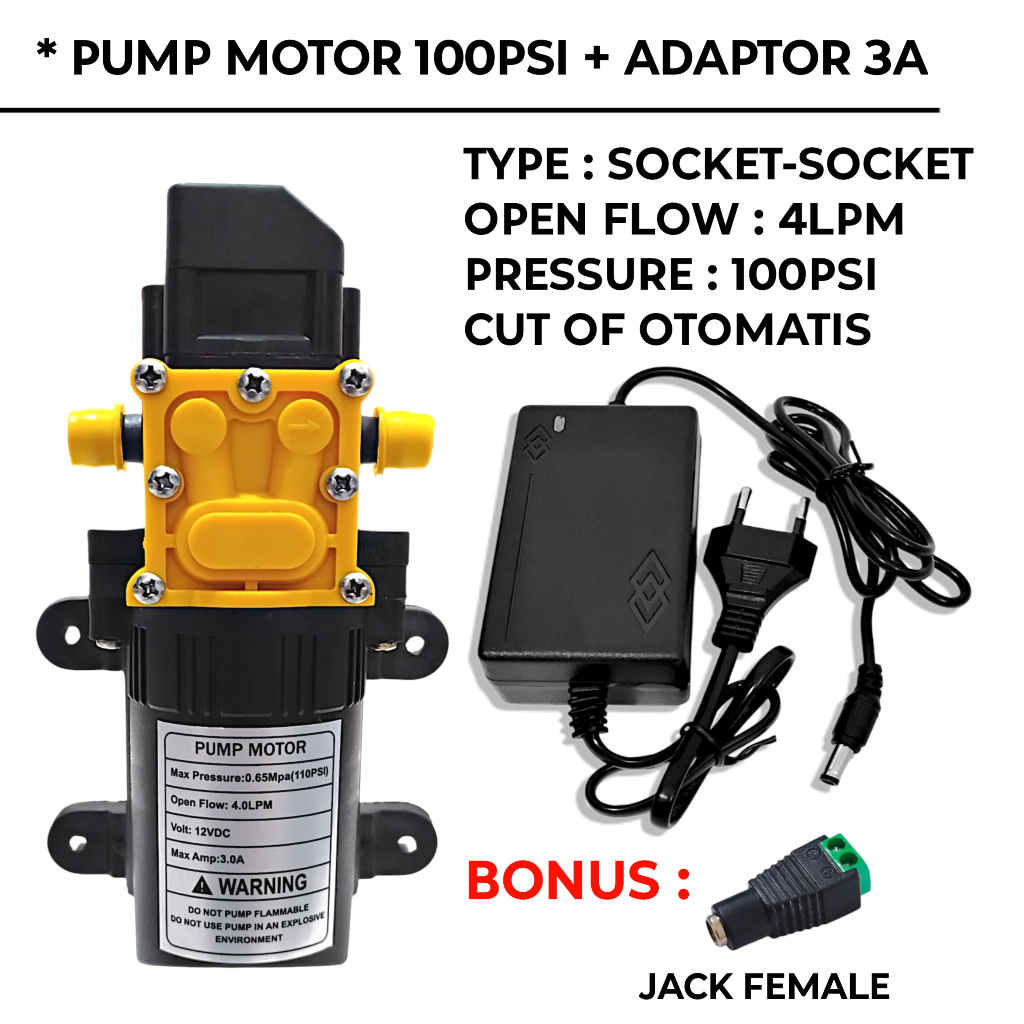 MESIN POMPA AIR DC 12V DAN ADAPTOR 12VOLT / DINAMO POMPA DC 100 PSI