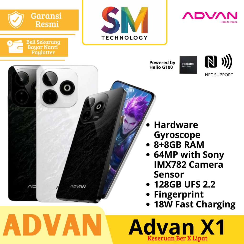 ADVAN Smartphone X1 Mediatek Helio G100 8GB+8GB/128GB High 120Hz IPS FHD+ Sony 64MP UFS 2.2 NFC