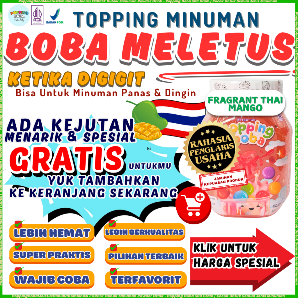 

PoppingBobaMeletusDimulutKombinasi FOREST Bubuk Minuman Powder Drink - Popping Boba 500 Gram | Cocok Untuk Semua Jenis Minuman