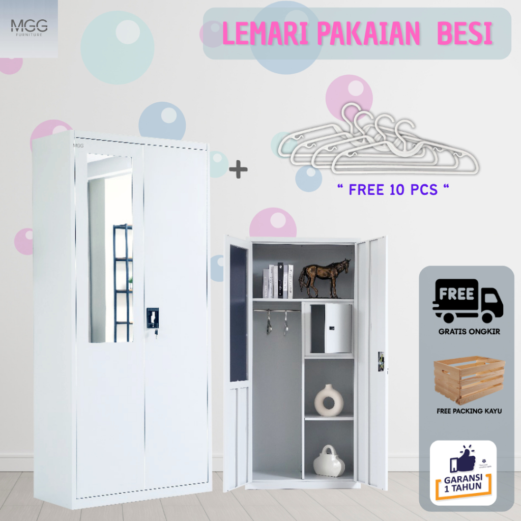 MGG Furniture Lemari Pakaian Besi 2 Pintu Minimalis + Cermin|Free 10 Gantungan Baju|Packing Kayu + G