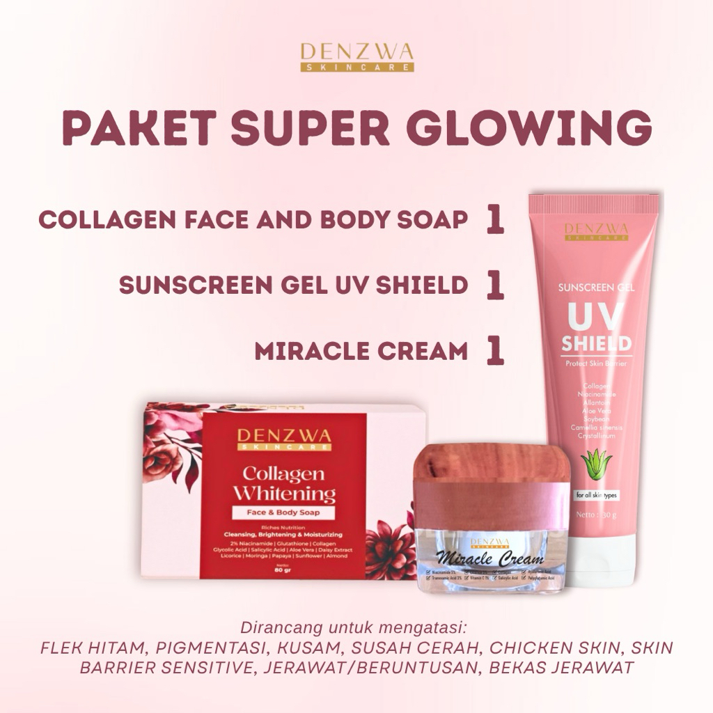Paket Super Glowing, Miracle cream booster, Sunscreen, dan Collagen Whitening face & body soap