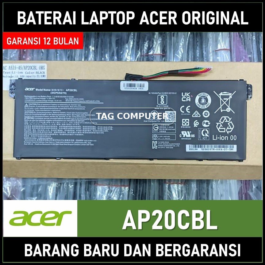 BATERAI LAPTOP ACER TRAVELMATE P2 (P215-53) TRAVELMATE SPIN B3 TMB311RNA-32 AP20CBL 53WH 11.55V ORIG