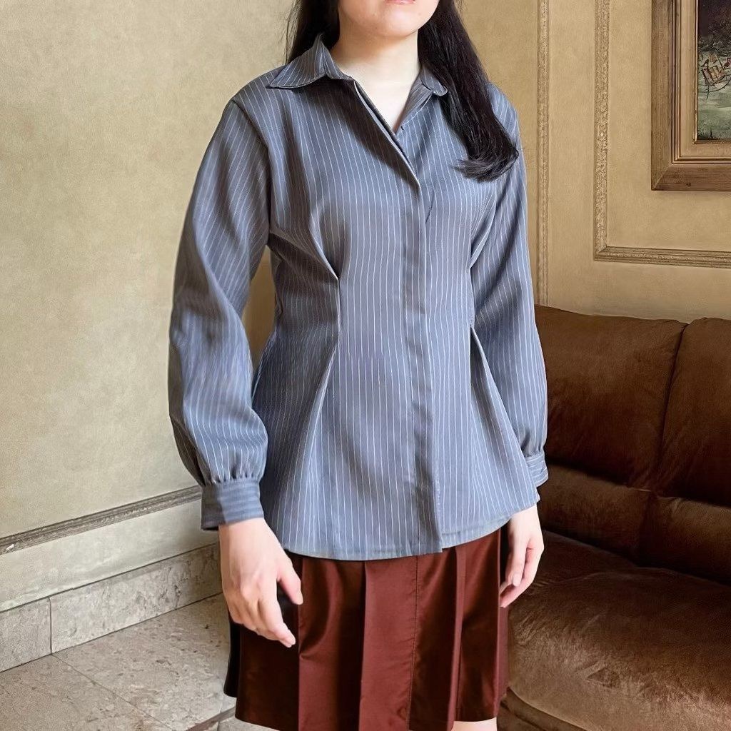 ARBA TOP / Kemeja Fitted Kemeja Kerja Wanita Blus Garis-Garis Lengan Panjang