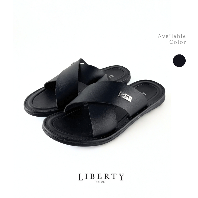 Liberty Sandal Pria Kulit Selop Cross 02 - Sandal Slip On Pria Hitam