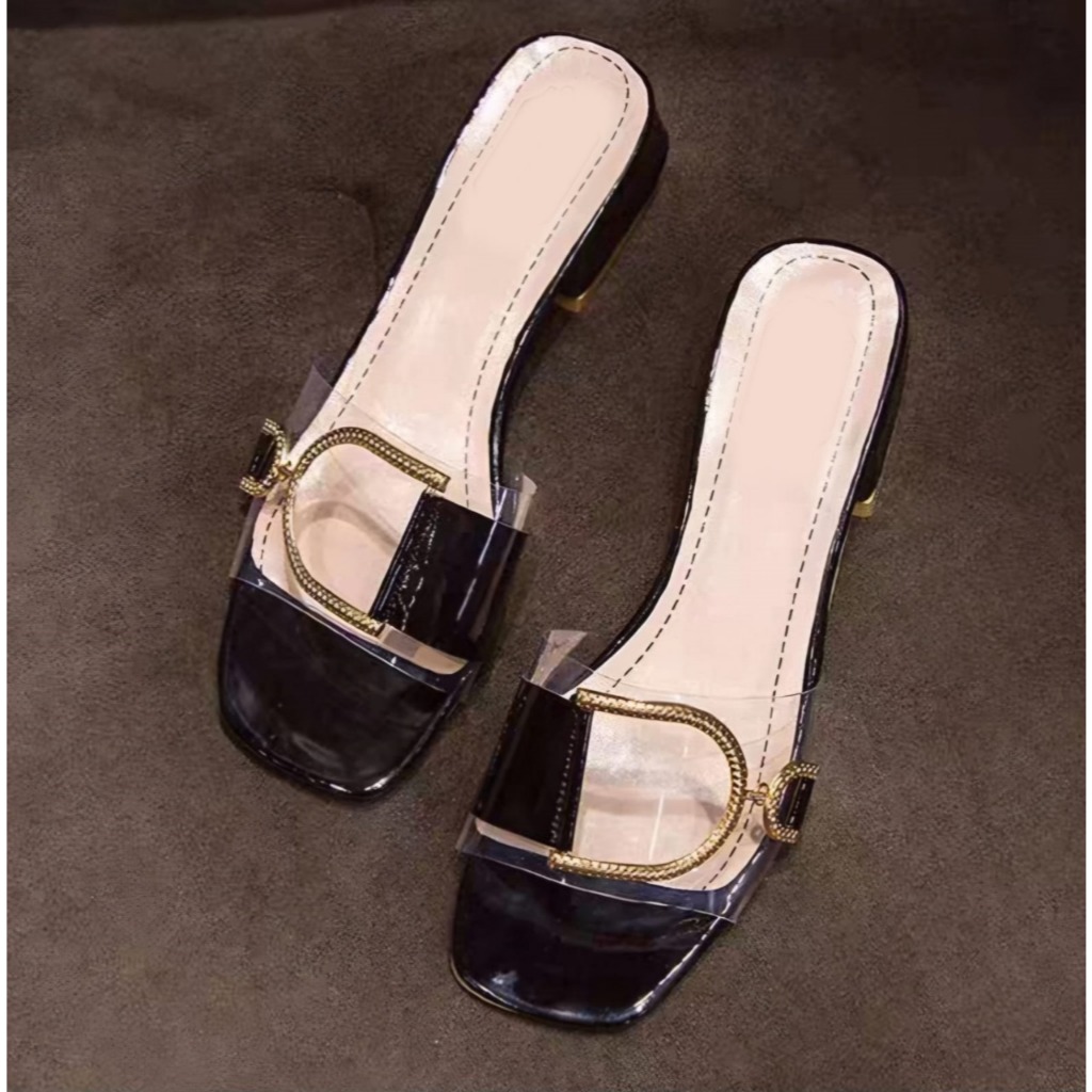 GVN BANDUNG - SANDAL HEELS HAK MULES 3 CM SLIP ON KOKOP MIKA BENING KOMBINAI BLET GOLD AP 55