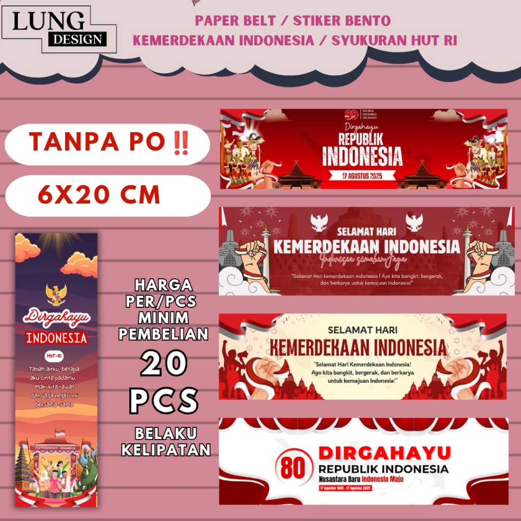 

PAPER BELT SYUKURAN KEMERDEKAAN INDONESIA | STIKER BENTO 6CM X 20CM HUT RI 2025 | STIKER NASI BENTO ACARA MALAM AGUSTUSAN TIRAKATAN | STIKER SYUKURAN ACARA KAMPUNG MEMPERINGATI HUT RI TAHUN / Bento Roller Label Pengikat Makanan / Roll Bento