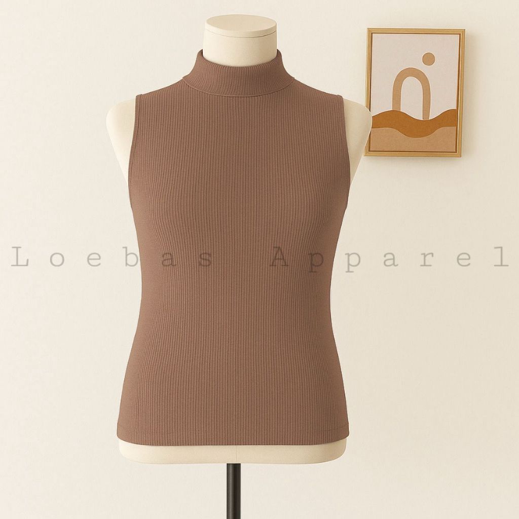 Inner Turtleneck Leher Tinggi Manset Dalaman Rib Rajut Tanpa Lengan Wanita Kekinian Korean Style