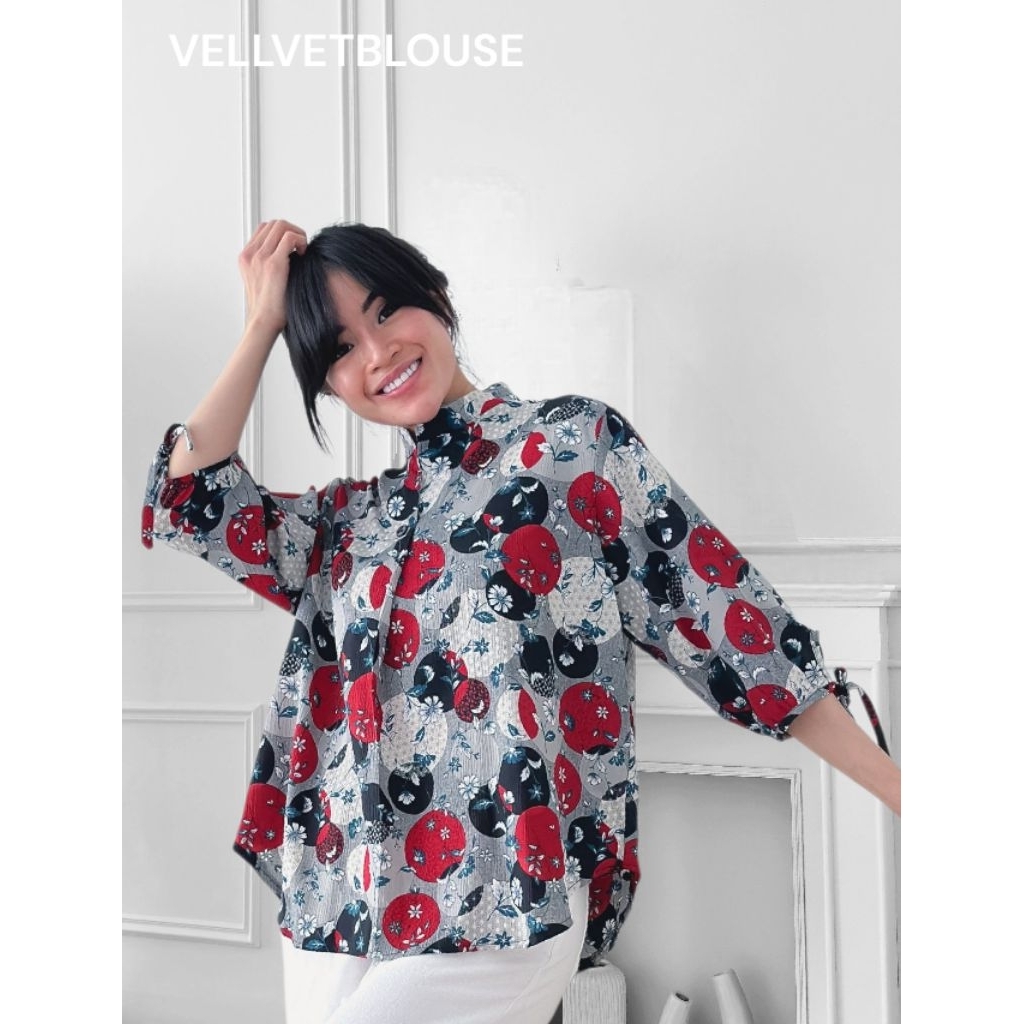Vellvetblouse Blus Atasan Top Wanita Bahan Wolfis Motif Bunga Blus Flo