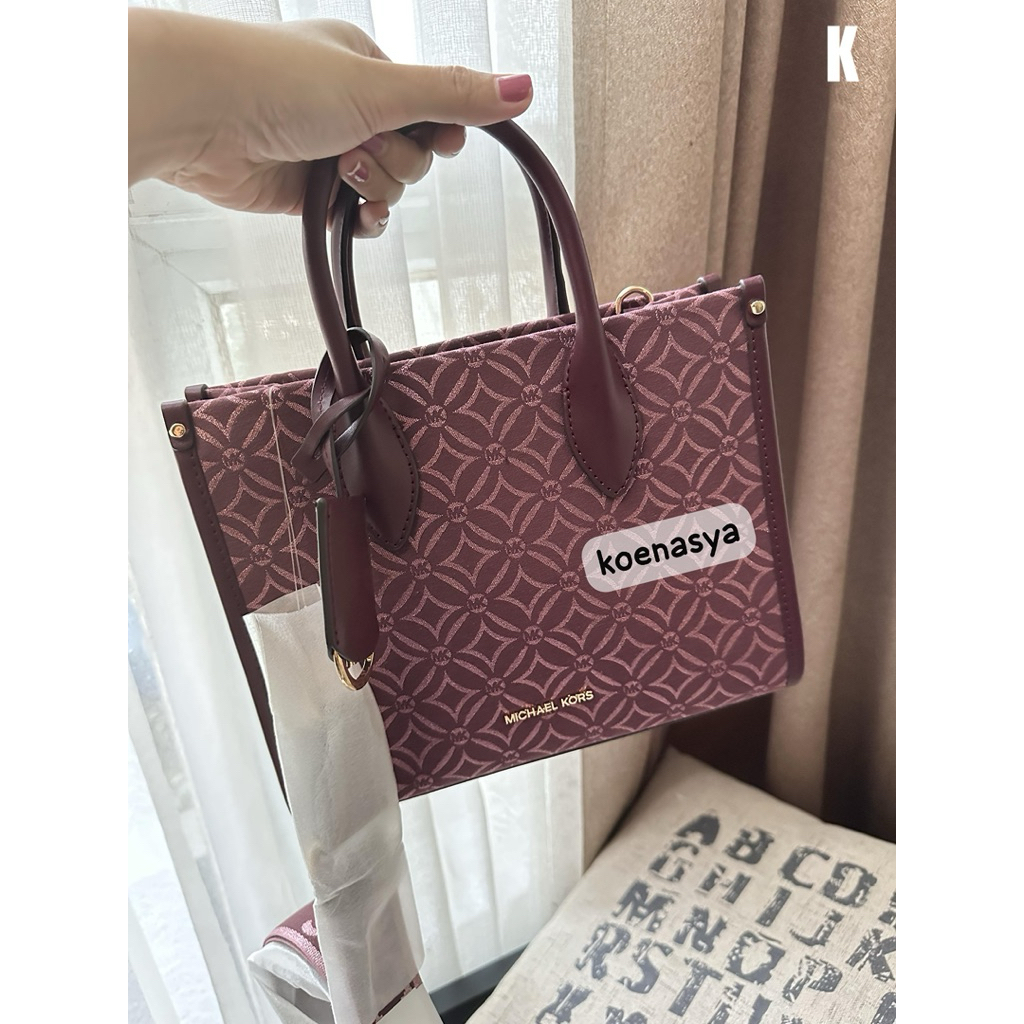 tas wanita original mk mirella shopper zip jacquard oxblood marun burgundy hand/crossbody bag new
