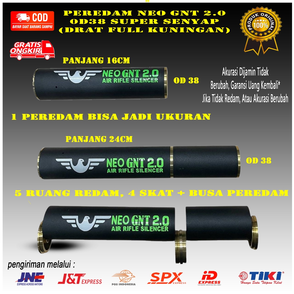 Peredam Neo GNT 2.0 Super Senyap Panjang 24cm OD 38 Drat Full Kuningan