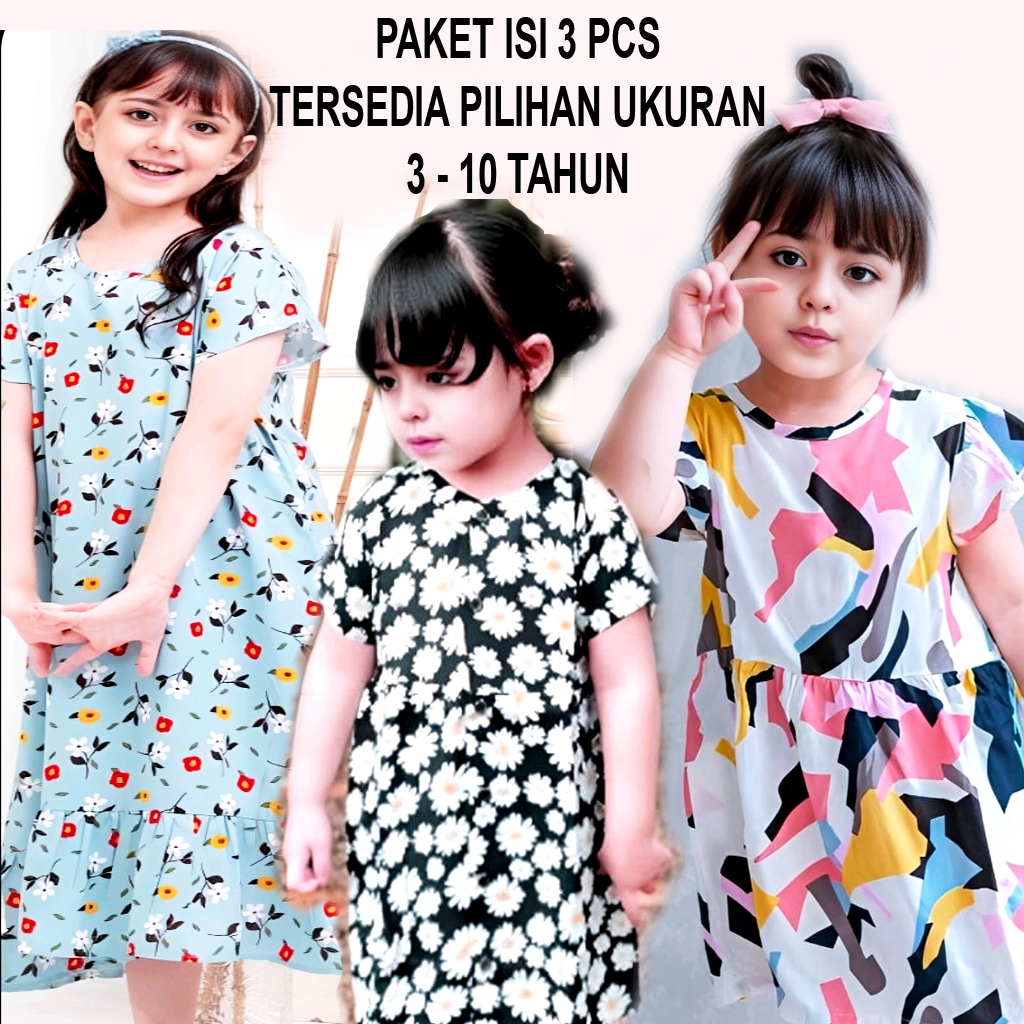 Daster Anak Rayon Motif dress  Paket Isi 3 PCS Tersedia Pilihan Ukuran 3-10 Tahun untuk Anak
