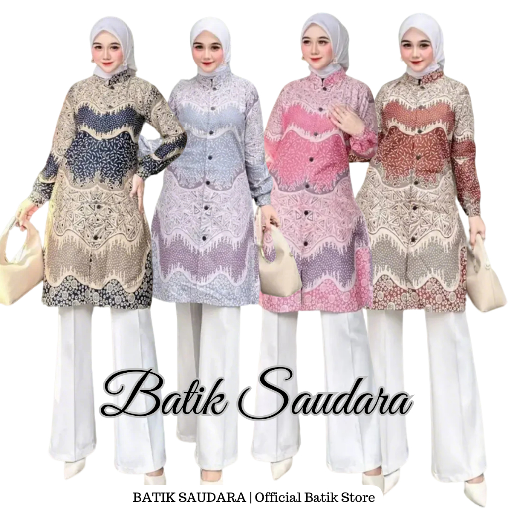 Tunik Batik Katun Full Kancing Depan Kerah Sanghai Batik Saudara