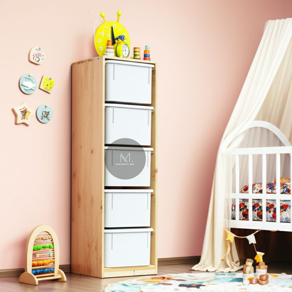 5 box keatas rak mainan anak dengan estetik kayu solid jati belanda