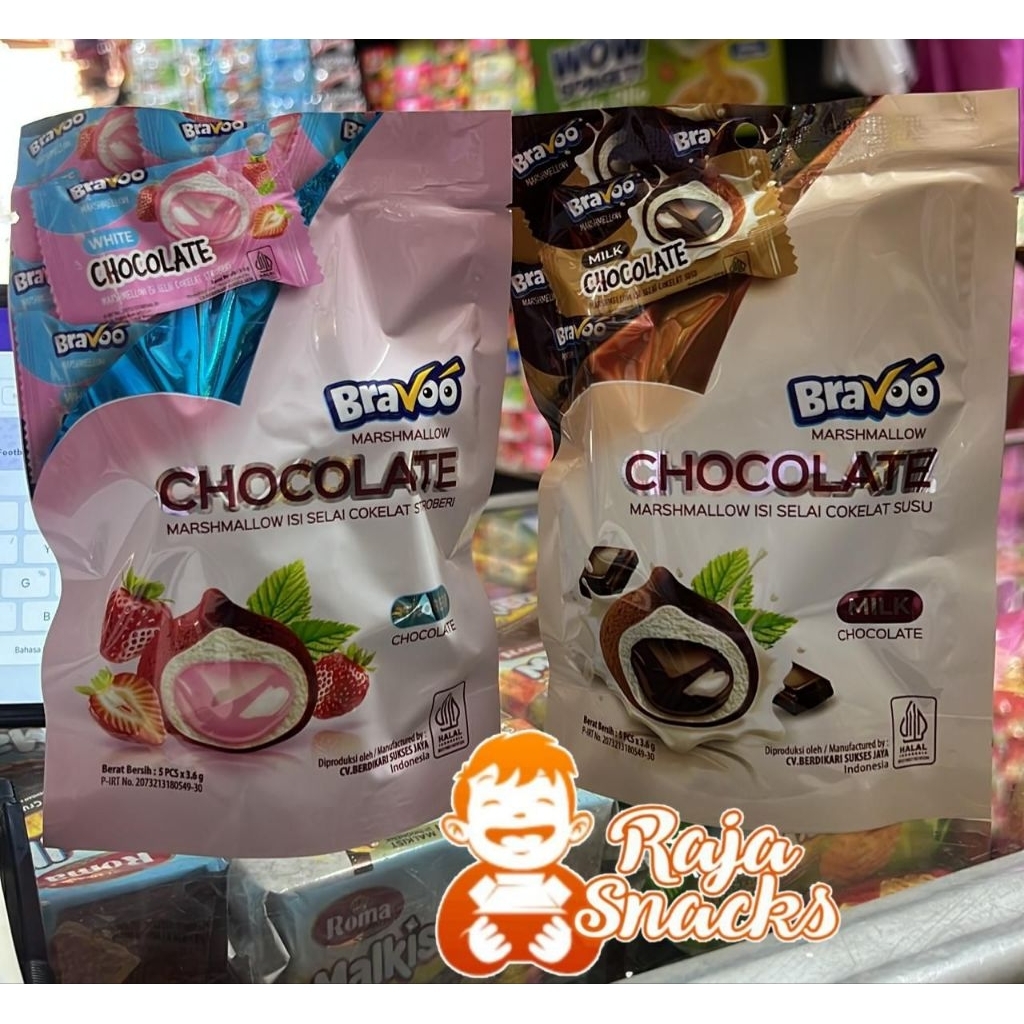 

bravoo marshmallow isi cokelat susu/cokelat stroberi per 5pack