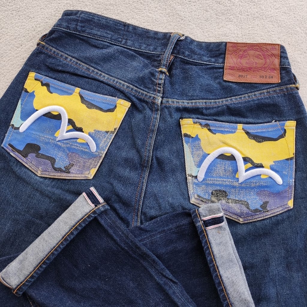 Evisu Selvedge Seagull Embroidery Pocket Camo Print Jeans