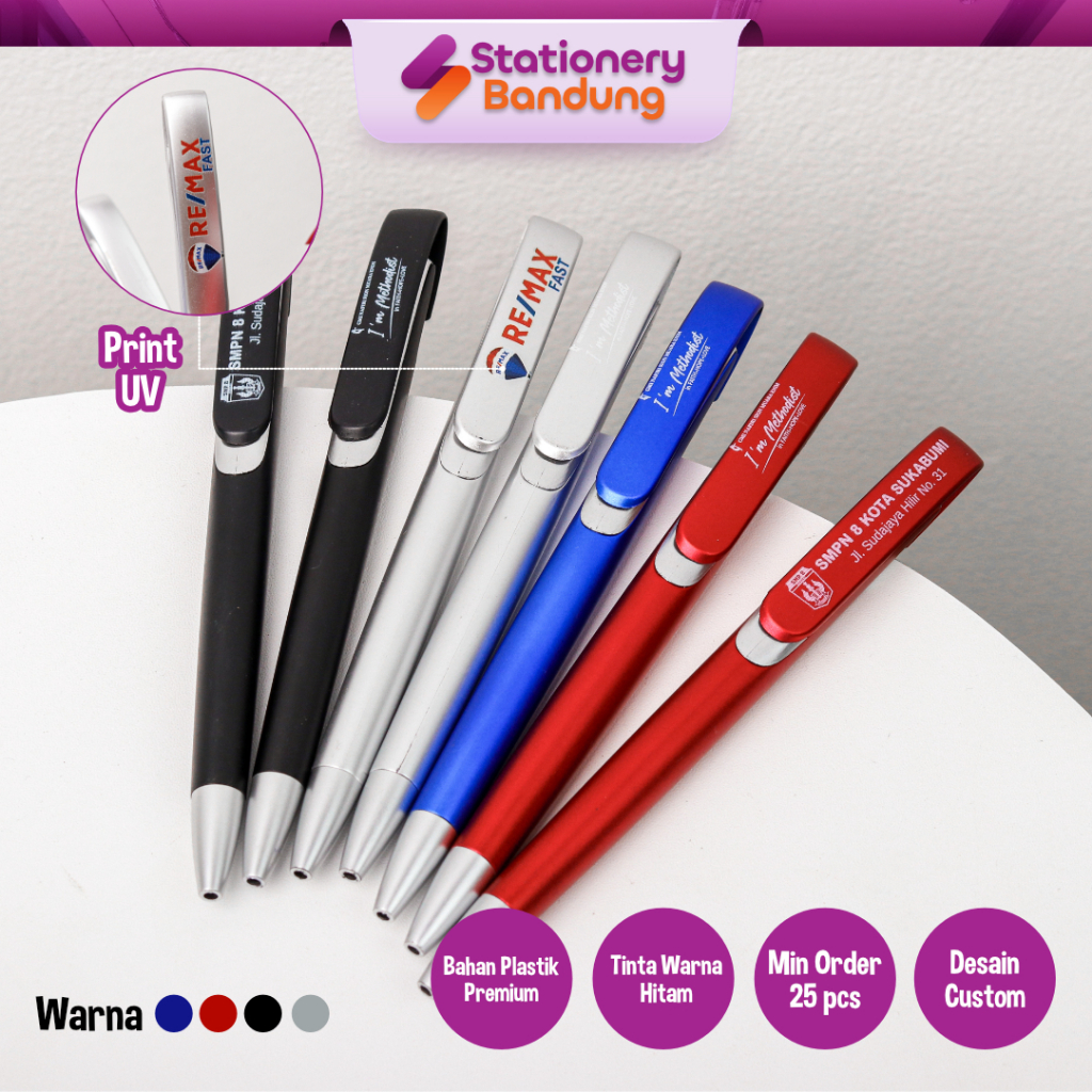 

Ballpoint Klip Custom UV Logo Nama Souvenir Pernikahan Promosi Event Perusahaan Tinta Hitam Murah