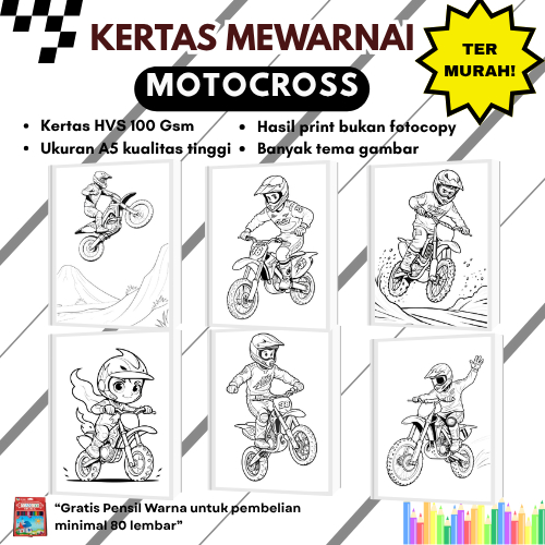 Kertas Mewarnai Motocross Ukuran A5 / Lembar Mewarnai Untuk PAUD TK SD